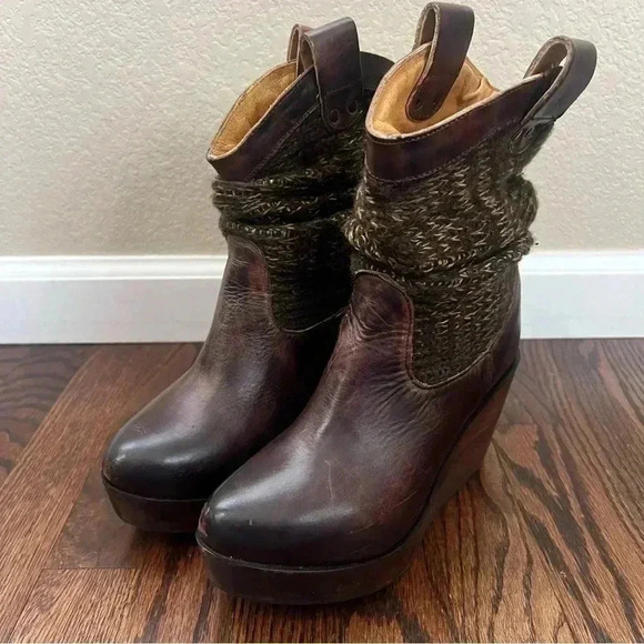 BED STU Bruges Teak Rustic Brown Leather Bootie Boots Slouch Wooden Wedge Sz 7.5 - Picture 2 of 16